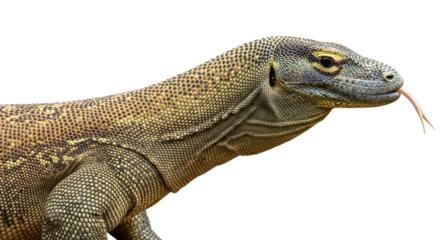 Isolated Komodo dragon with tongue flicking, largest living lizard in the world with sharp teeth