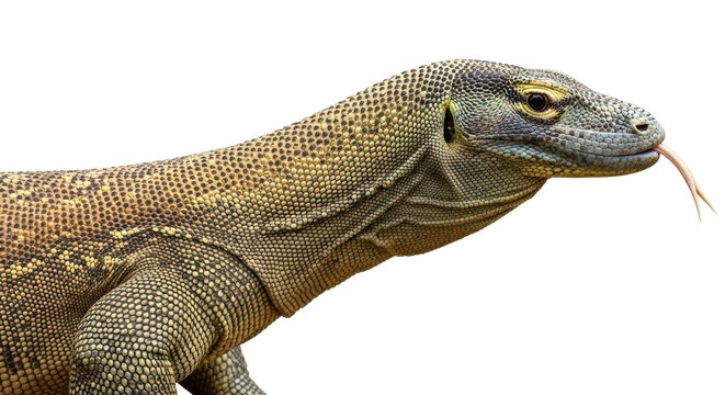 Isolated Komodo dragon with tongue flicking, largest living lizard in the world with sharp teeth