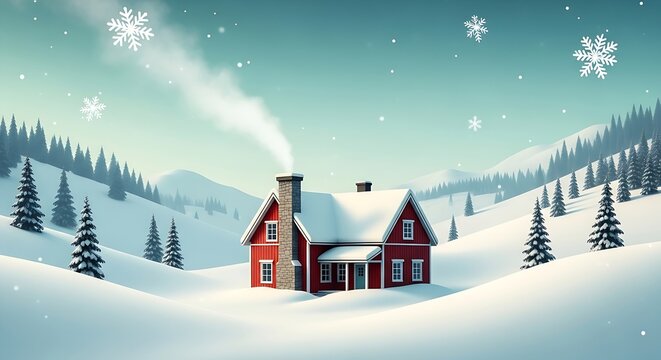 Cozy red cabin heavily covered in snow, emitting smoke under a tranquil turquoise sky and vast snowy hills.