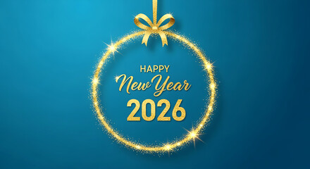 Happy new year 2026 greeting card with sparkling golden bauble