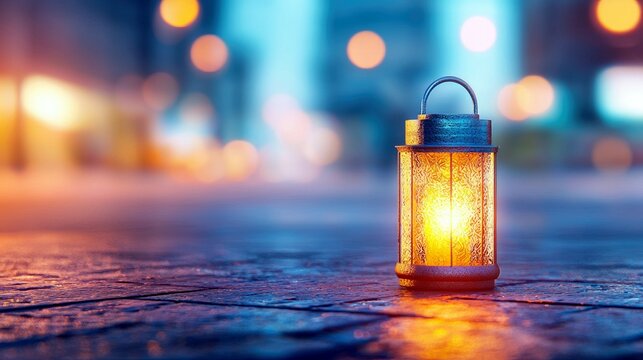 A single, lit lantern sits on a wet, reflective cobblestone surface, with bokeh city lights creating a warm and inviting atmosphere. - Powered by Adobe