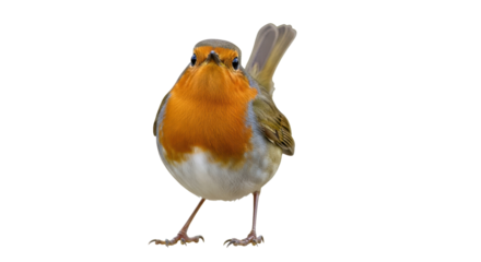 Isolated European robin standing in a studio shot, front view of a little brown bird