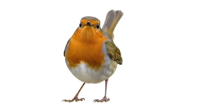 Isolated European robin standing in a studio shot, front view of a little brown bird