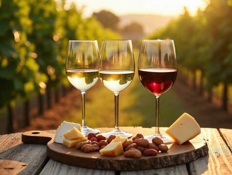 Tres copas de vino (dos blancos, uno tinto) con tabla de quesos y frutos secos en vi&ntilde;edo al atardecer