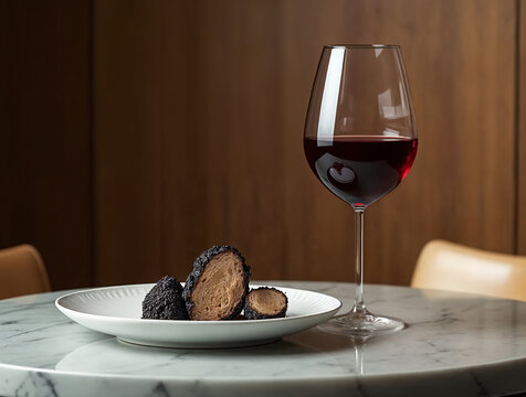 Copa de vino tinto sobre mesa de m&aacute;rmol junto a trufas partidas