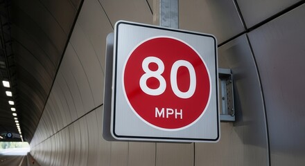 Speed Limit Sign Depiction Inside Road Tunnel with Modern Architectural Design