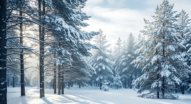 Sunlight streams through a snow-covered forest, illuminating a peaceful winter landscape.