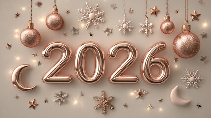 Rose Gold 2026 Balloon Numbers with Glitter Ornaments, Stars, Snowflakes, and String Lights