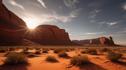 Monument Valley Sunrise: Desert Landscape with Red Rock Formations and Sparse Vegetation