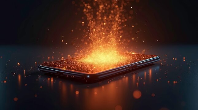 3d render of a modern smartphone with glowing digital energy bursting out of its screen, fiery light particles swirling upward, orange and golden glow.