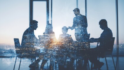 Silhouettes of business people in a meeting room with a digital network overlay and city view office