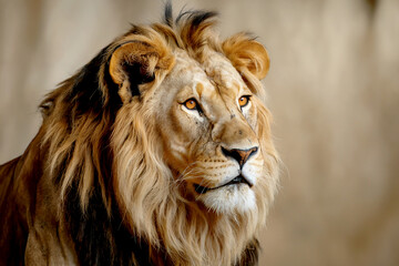 Fototapeta premium Majestic male lion with a full mane gazes intently into the distance