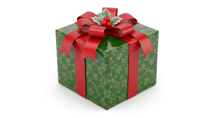 Obraz premium Elegant green Christmas gift with red ribbon bow is perfect for holiday promotions and festive marketing campaigns, adding a touch of seasonal cheer