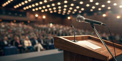 Microphone on a podium in front of a blurred audience in a conference hall image photo