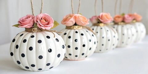 White Polka Dot Decorative Pumpkins with Pink Roses and Burlap Accents decoration black