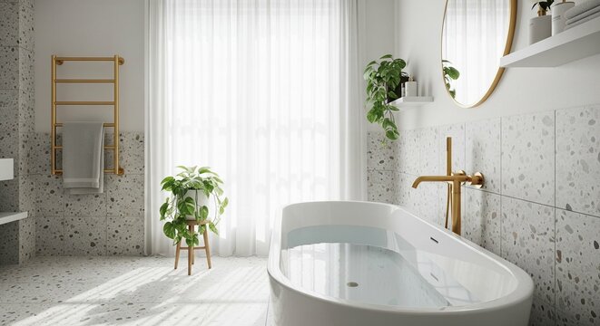 High end bathroom with golden accents and marble terrazzo tiles