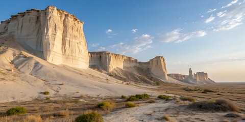 Vast desert landscape with towering white chalk cliffs under a blue sky nature geology