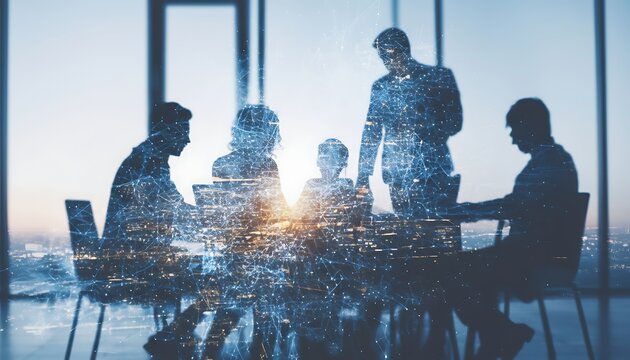 Silhouettes of business people in a meeting room with a digital network overlay and city view office