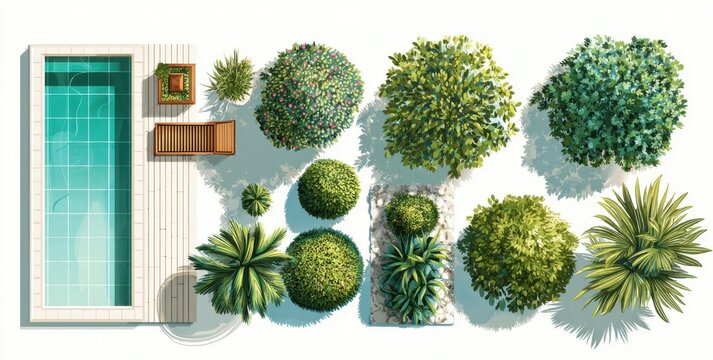 Top view flat lay of garden landscape design elements, featuring plants and a swimming pool. Set with vector illustrations
