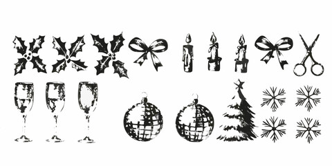 Black and white christmas elements holly bows candles glasses ornaments tree