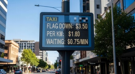 Obraz premium Taxi Fare Information Displayed on a City Street Against a Background of Buildings