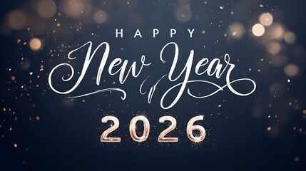 Metallic Gold 2026 Numbers with &ldquo;HAPPY New Year&rdquo; Text and Golden Confetti on Dark Blue-Gray Background