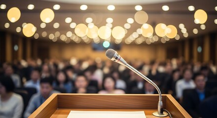 Microphone on a wooden podium in a dimly lit conference hall with an audience blurred in the background Keywords: microphone, podium, stage, conference, presentation, speech, lecture, meeting