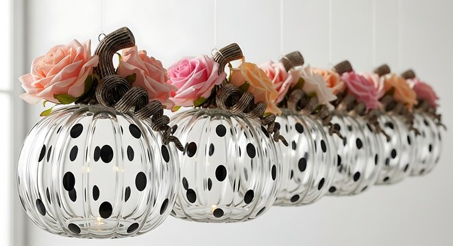 Line of decorative glass pumpkins with polka dots and floral accents hanging ornament fall - Powered by Adobe
