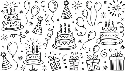 Black and white doodle illustration of birthday party elements celebration cake