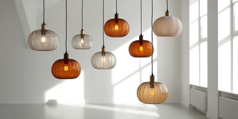 Assortment of decorative glass pendant lights in various amber and clear tones lighting interior design