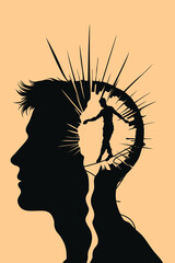 Surreal illustration of a man walking a tightrope inside a fractured human head, symbolizing mental balance, inner struggle, emotional tension, and psychological resilience.