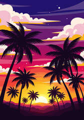 A serene tropical landscape at dusk with silhouettes of palm trees against a stunningly vibrant and colorful sunset sky