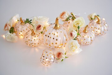Decorative Glass Pumpkins with Gold Polka Dots and Roses on White Background Keywords: pumpkin, decorative, glass, gold, polka dot, rose, flower, floral, autumn, fall, harvest, decoration