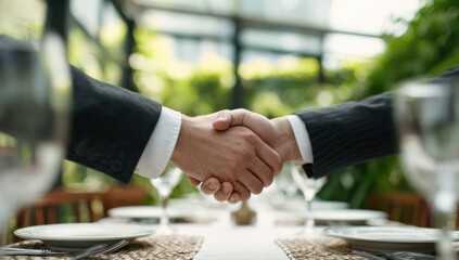 Two businessmen shaking hands in the conference room, close-up of handshakes and professional attire