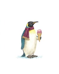 Penguin with ice cream cone illustration, cute winter animal drawing, hand-drawn sketch style, whimsical character art for kids and creative designs.