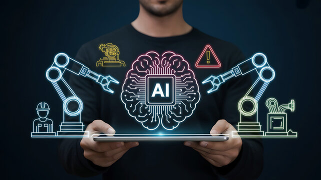 Man presenting artificial intelligence driven robotic automation technology on tablet device display