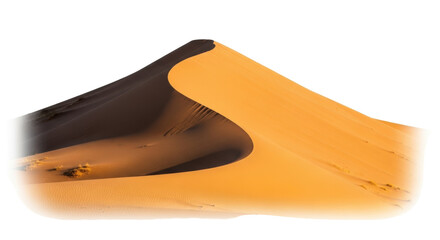 Isolated single sand dune, sunlight on desert sand. Summer heat, brown sand. Erosion