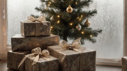 Christmas Presents and Decorated Tree by a Window on a Winter Day.