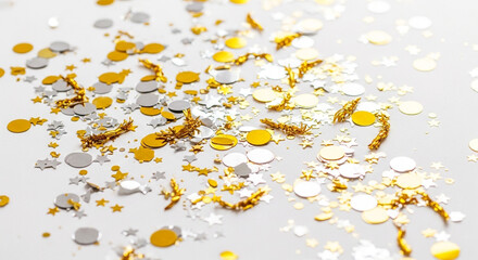 Elegant scattered gold and silver confetti stars create a festive celebration atmosphere perfect for holiday promotions and party invitations