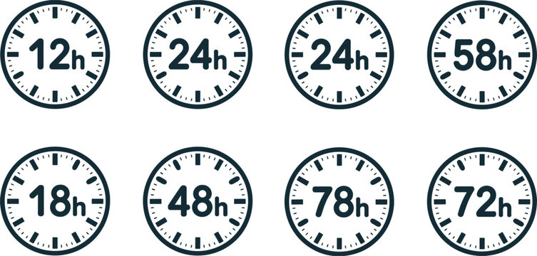 Clock Icons Showing Time Durations in Hours Keywords: clock, time, hour, duration, 12h, 24h, 58h