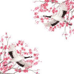 Corners frame of sakura branches and japanese cranes. Watercolor handmade illustration. For fabric, wallpaper, greeting cards, design, decoration and illustration. © Nataliia