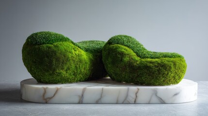 Two sculpted kidney-shaped moss forms on a pristine white marble slab. The moss is thick and vibrant