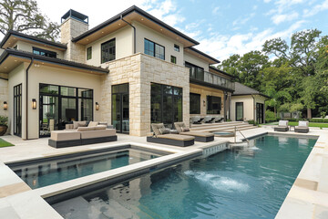 Modern two-story house with beige stucco and stone accents. Spacious backyard features an infinity pool, hot tub, and sleek lounge chairs on the elegant patio.