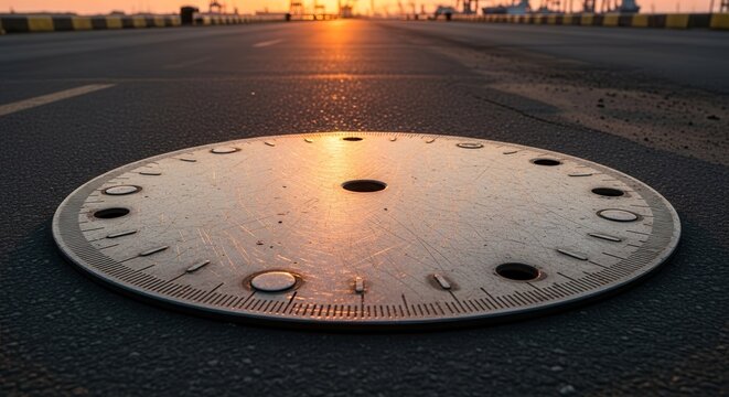 Time's Symbolic Landscape Reflecting Sunset's Embrace on Asphalt and Concrete Surfaces