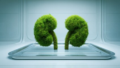 Two stylized moss organs shaped like kidneys placed on a reflective. vector illustration
