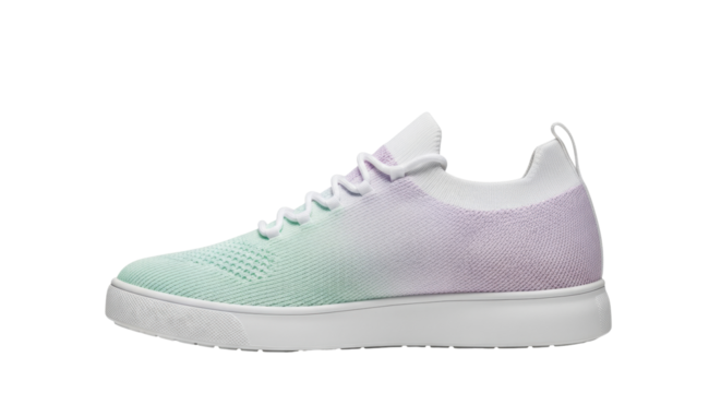 Isolated knit sneaker side view in pastel colors, sporty footwear and athletic apparel trends