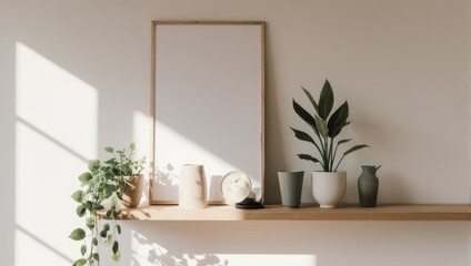 Minimalist interior design with plants and framed artwork.