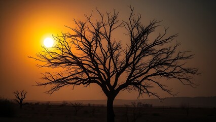 conscription. Barren tree with stark branches against a drought-stricken landscape at sunset. inspiring travel planning, ESG reports, designed for environmental awareness campaigns.