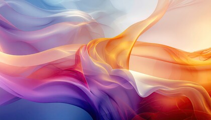 Abstract flowing silk fabric with vibrant gradient colors of blue purple orange and yellow illuminated by soft light