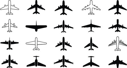 Grid of 20 black and white airplane icons in various styles aircraft aviation